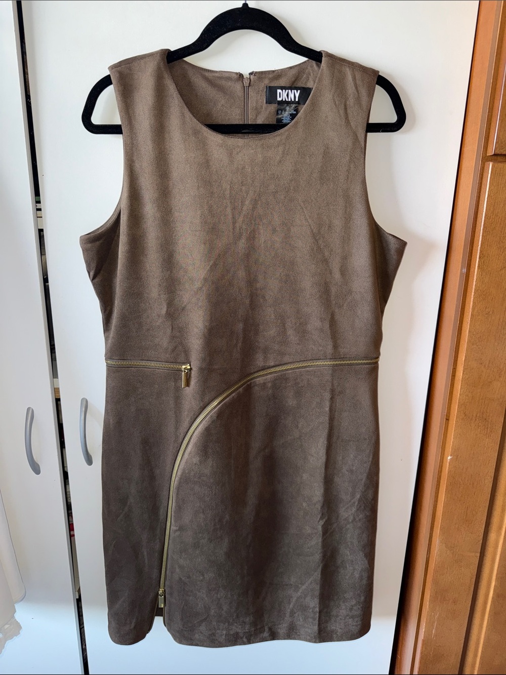 DKNY Brown Suede Mini Dress with Curved Gold Zip Detail